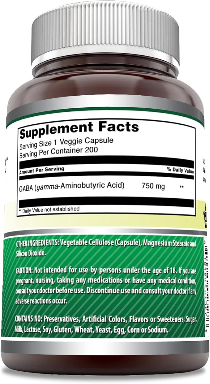 Amazing Formulas GABA 750mg Per Serving Veggie Capsules Supplement | Non-GMO | Gluten Free | Made in USA | Ideal for Vegetarians (200 Count)