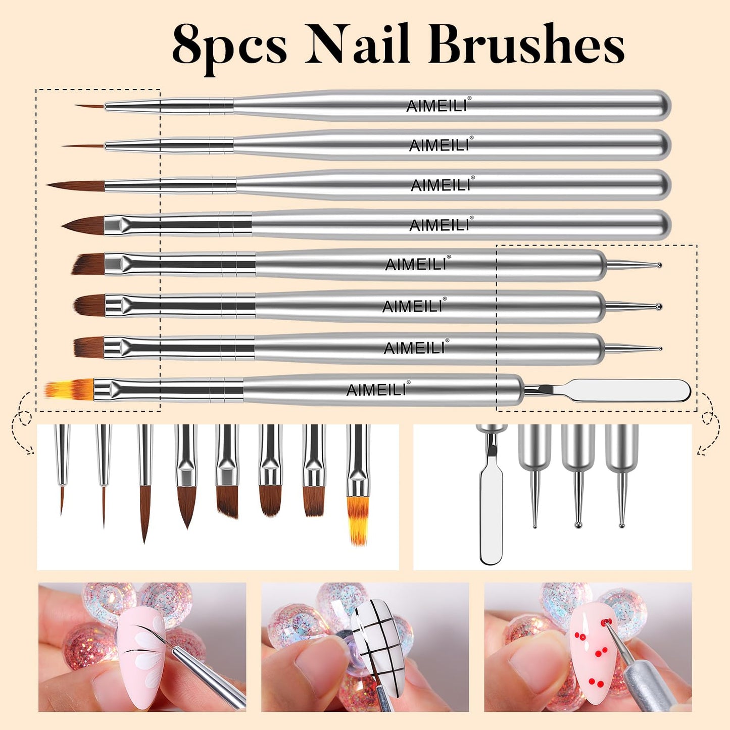 AIMEILI Nail Art Brushes for Nail Polish Gel, 8 Pcs Fingernail Art Design Pens, Dotting Pen Clean Up Liner French Nail Brush DIY