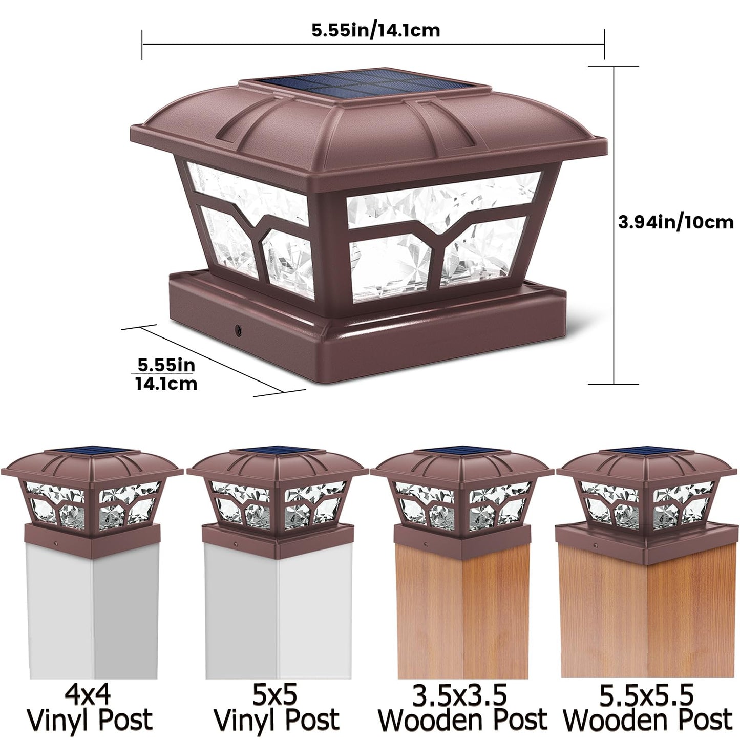 SIEDiNLAR Solar Post Cap Lights, 8 LEDs, 2 Color Modes, Brown, 4 Pack, Fits 4x4 5x5 6x6 Posts, Plastic