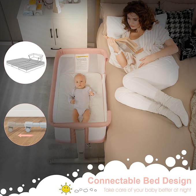 INFANS 3 in 1 Baby Bassinet, Bedside Sleeper for Newborn, Folding Crib with Mattress, Travel Bag, Wheels, 4-Sided Mesh, Easy to Assemble Cradle Co Sleeper Stationary, Rock (Pink)
