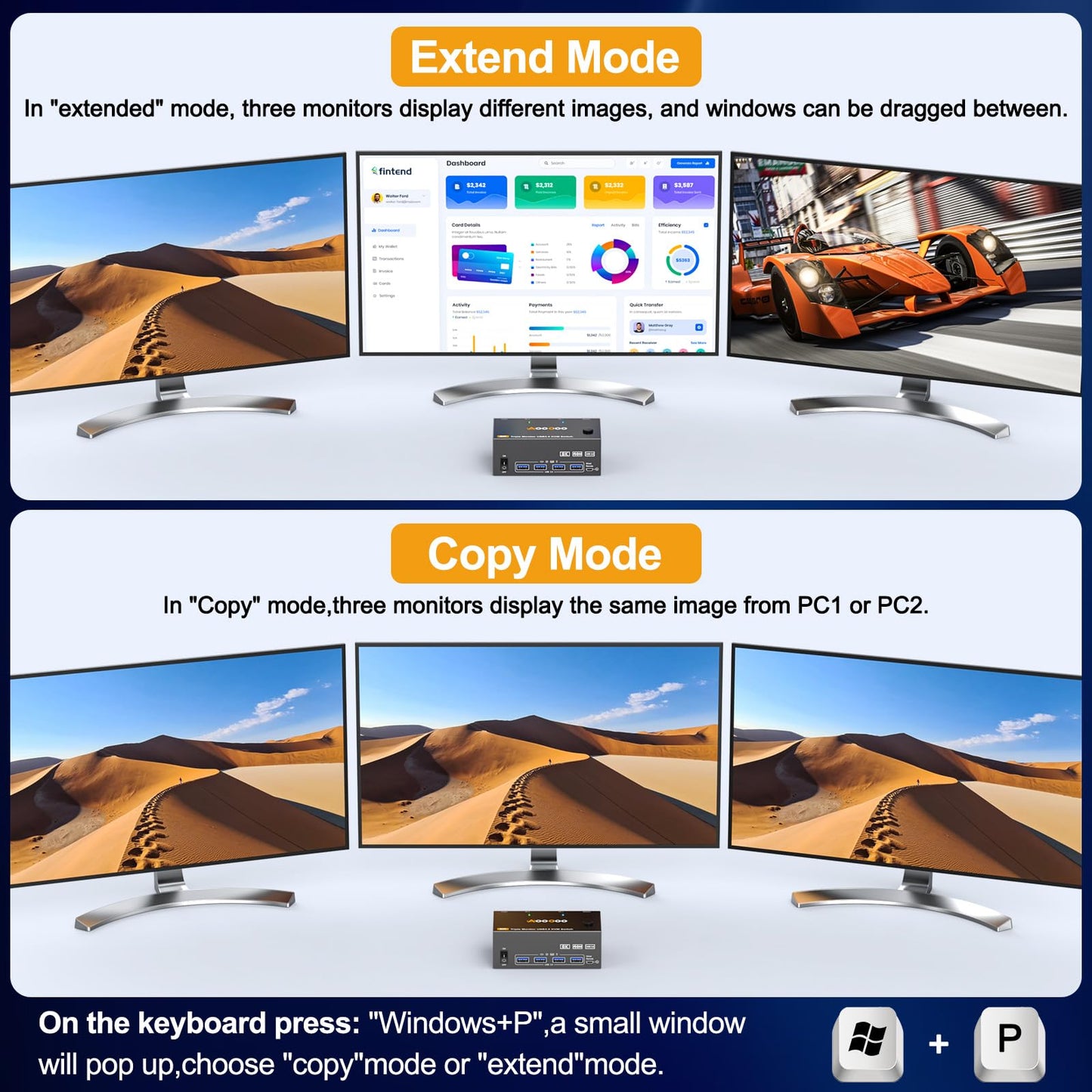 8K@60Hz HDMI Displayport KVM Switch 3 Monitors 2 Computers 4K@144Hz Triple Monitor KVM Switches with USB 3.0 Port,Wired Remote,Power Adapter and USB3.0 Cables Included(2 PC 3 Monitor 8K DP HDMI KVM)
