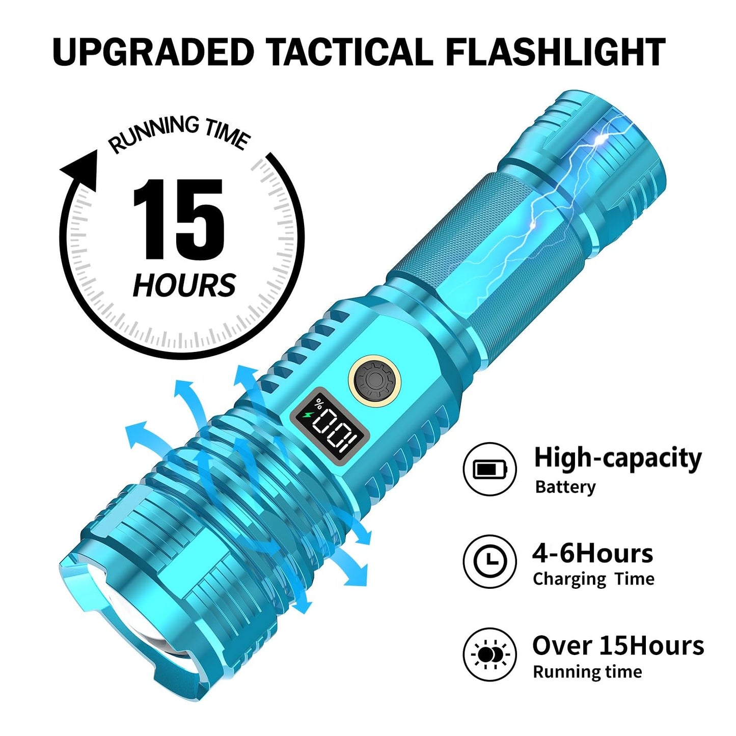 CHILDBOT High Lumens Rechargeable Flashlight, 990000LM, Waterproof, Aluminum, Model Y1915C, Turquoise