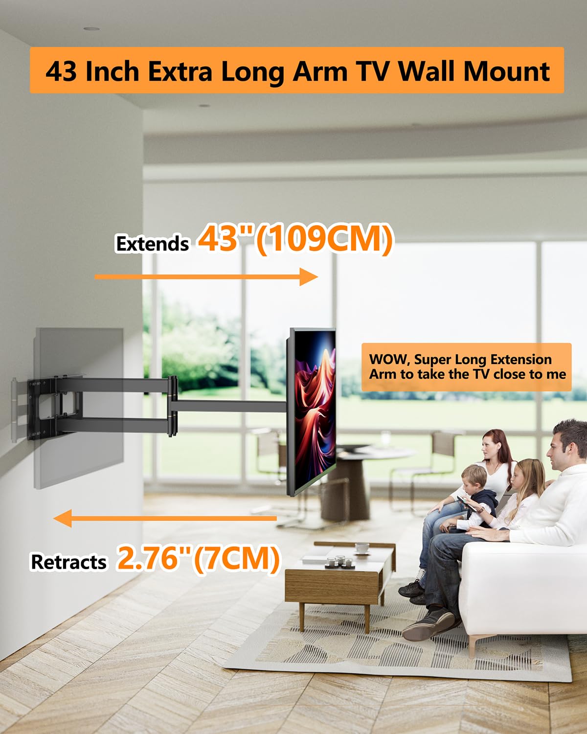 Heavy Duty Long Arm TV Wall Mount with 43" Dual Articulating Arms for Most 50-90 inch Screens, Full Motion TV Mount Swivel Tilt tv Bracket Holds 198lbs,16”,18”,24” Studs VESA 600x400MM FORGING MOUNT