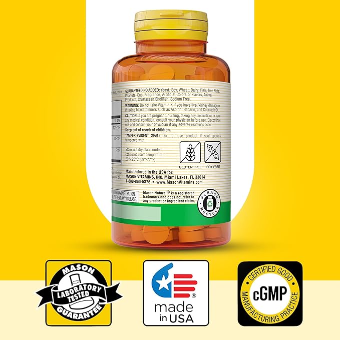 MASON NATURAL Vitamin K2 + D3, 100-Day Supply, with Calcium for Normal Bone and Muscle Support, Tablets