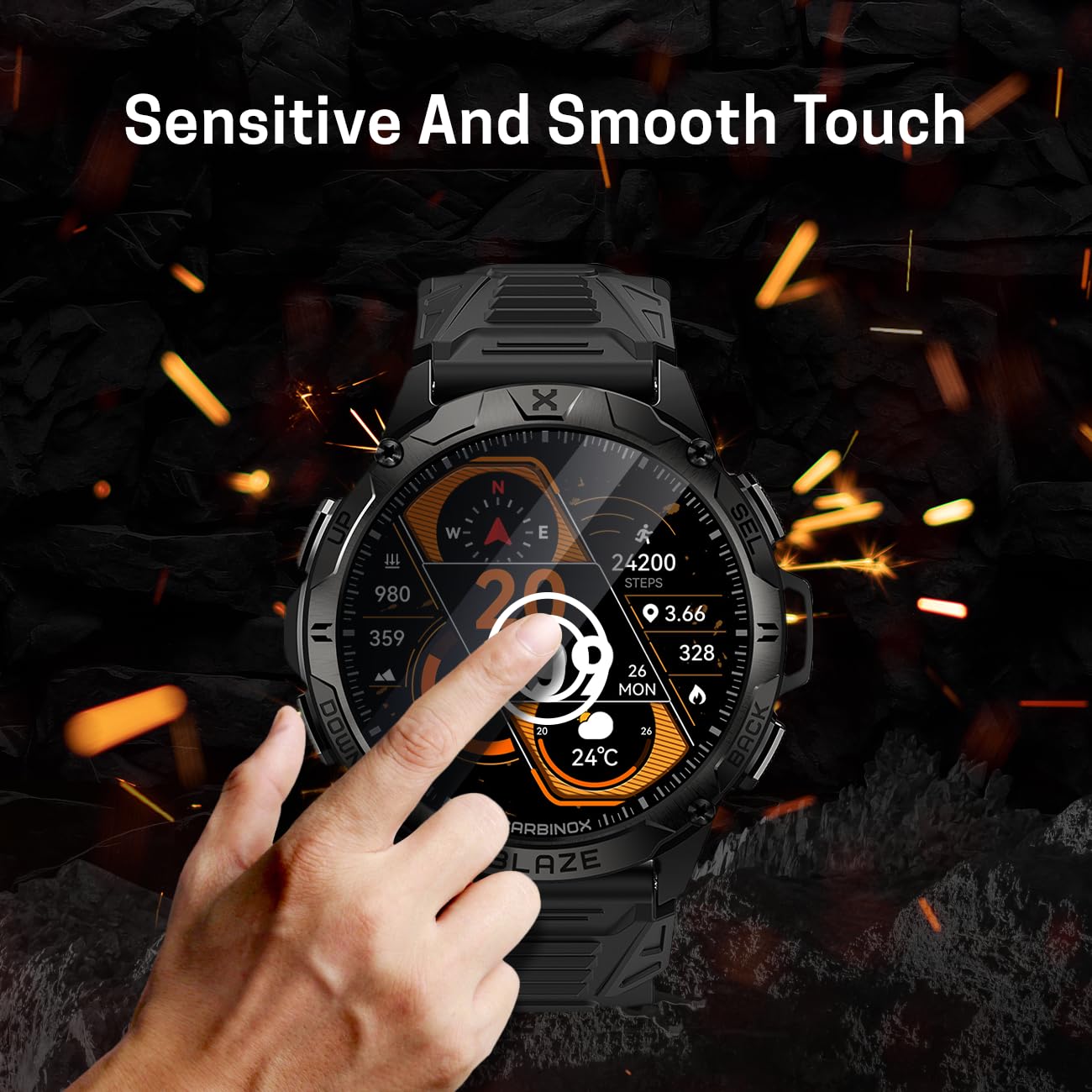 CARBINOX Blaze Smart Watch with Tempered Glass (2 Pack) GPS, Rugged Fitness Tracker Waterproof IP69K, Compatible with Android and iOS, 170+ Sports Modes, Make/Receive Calls (Round)