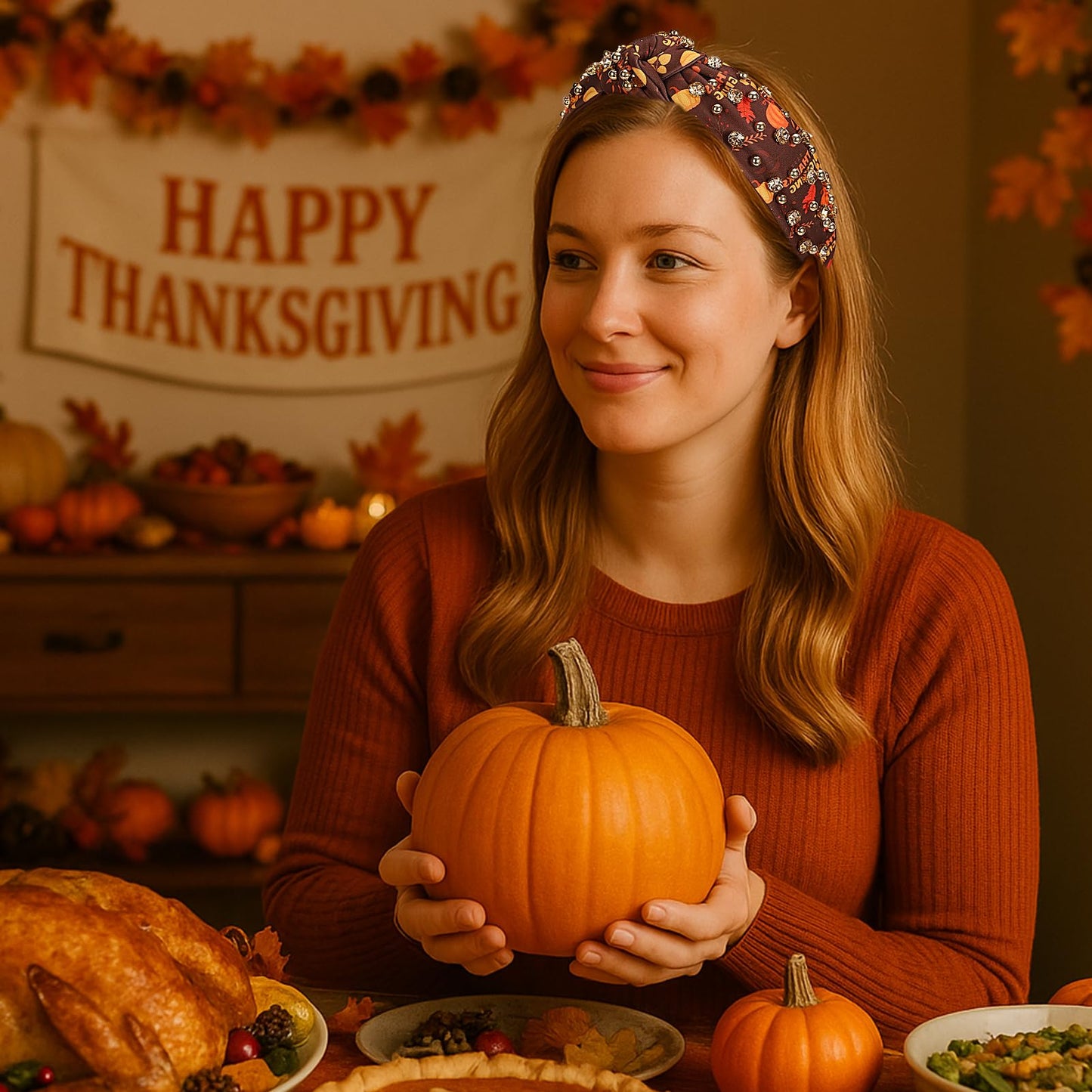 IDDFEVE 2Pcs Thanksgiving Day Headbands for Women - Turkey & Letter Rhinestone Knotted Hair Hoops, Fall Pumpkin Autumn Maple Lea