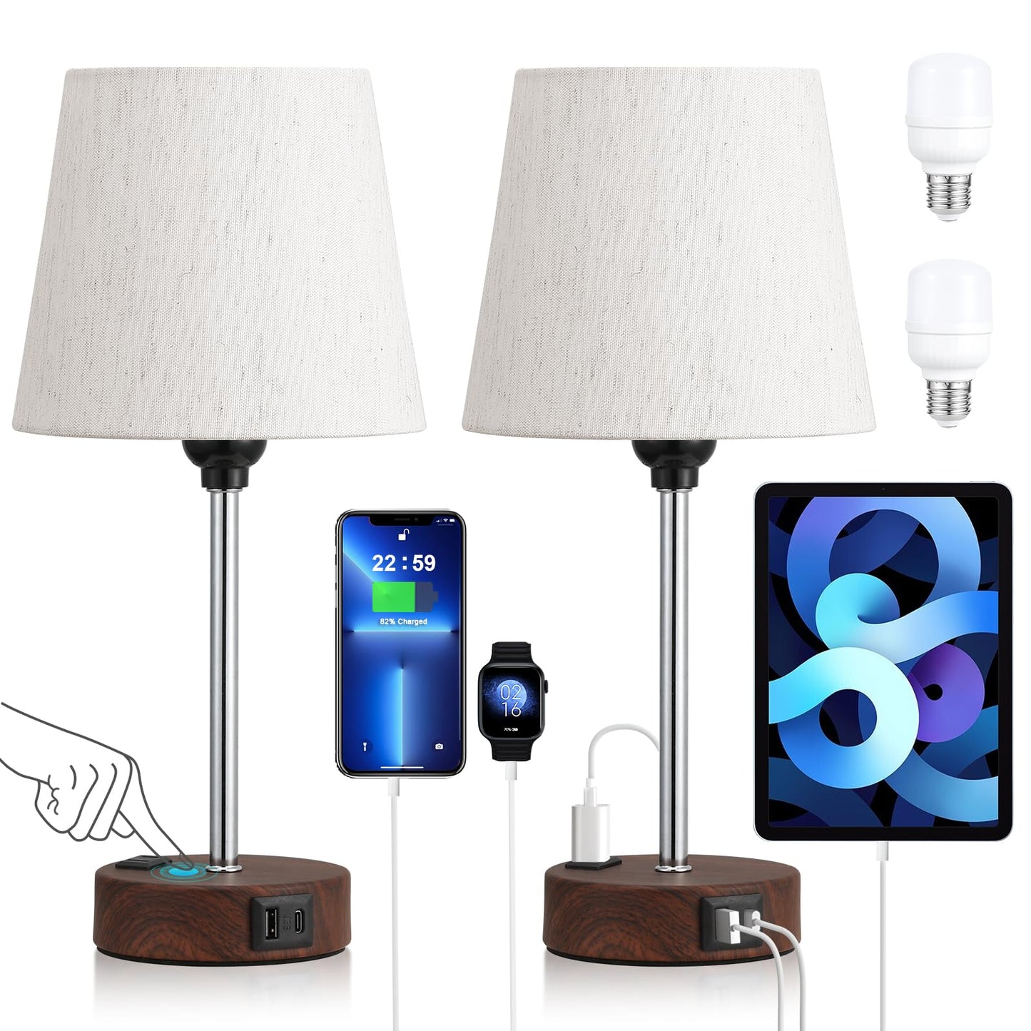 Acaxin Reddish Brown Bedside Lamps Set of 2, 3 Way Dimmable Touch Control, USB C Port, AC Outlet, Model ACA-TL20-Beige-Brown Wood