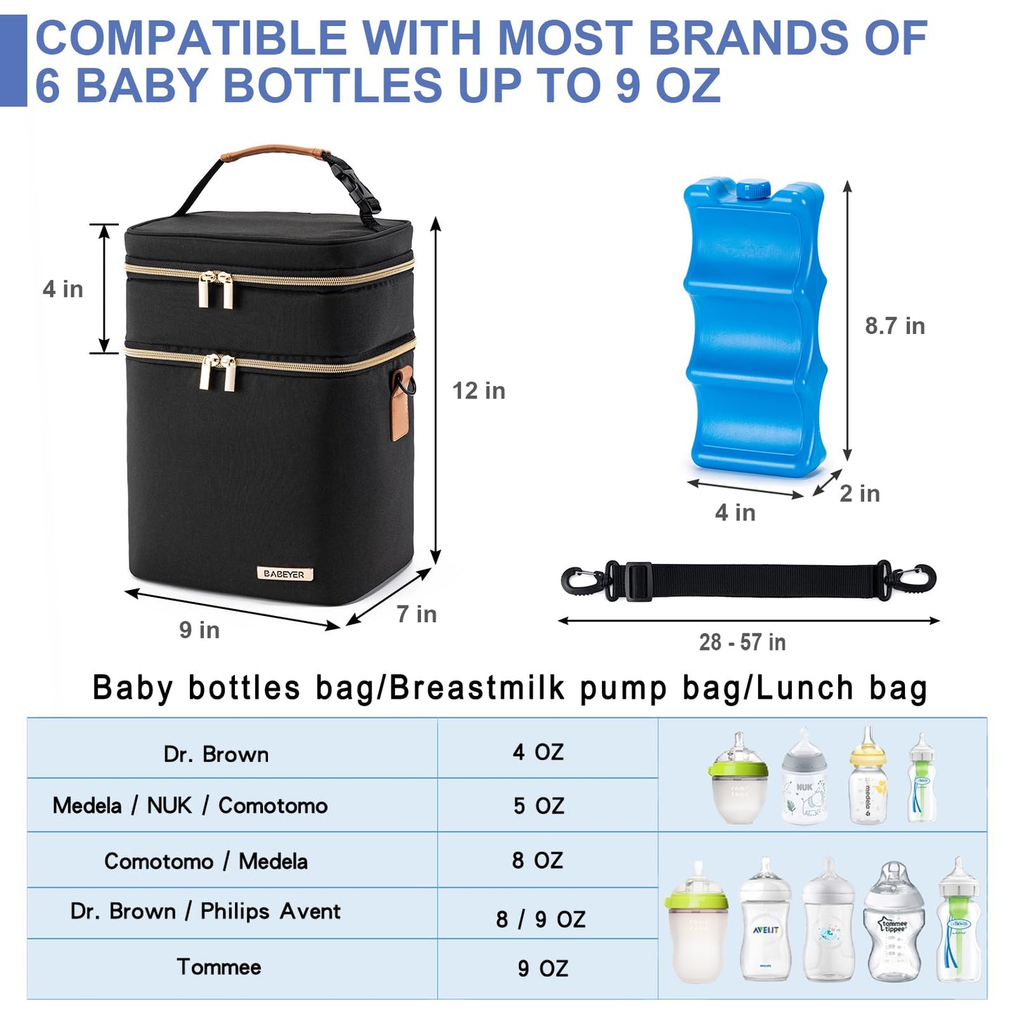 BABEYER Breastmilk Cooler Bag with Ice Pack Fits 6 Baby Bottles Up to 9 Ounce, Double Deck Leak-Proof Baby Bottles Bag with Shoulder Strap for Nursing & Working Mom, Black