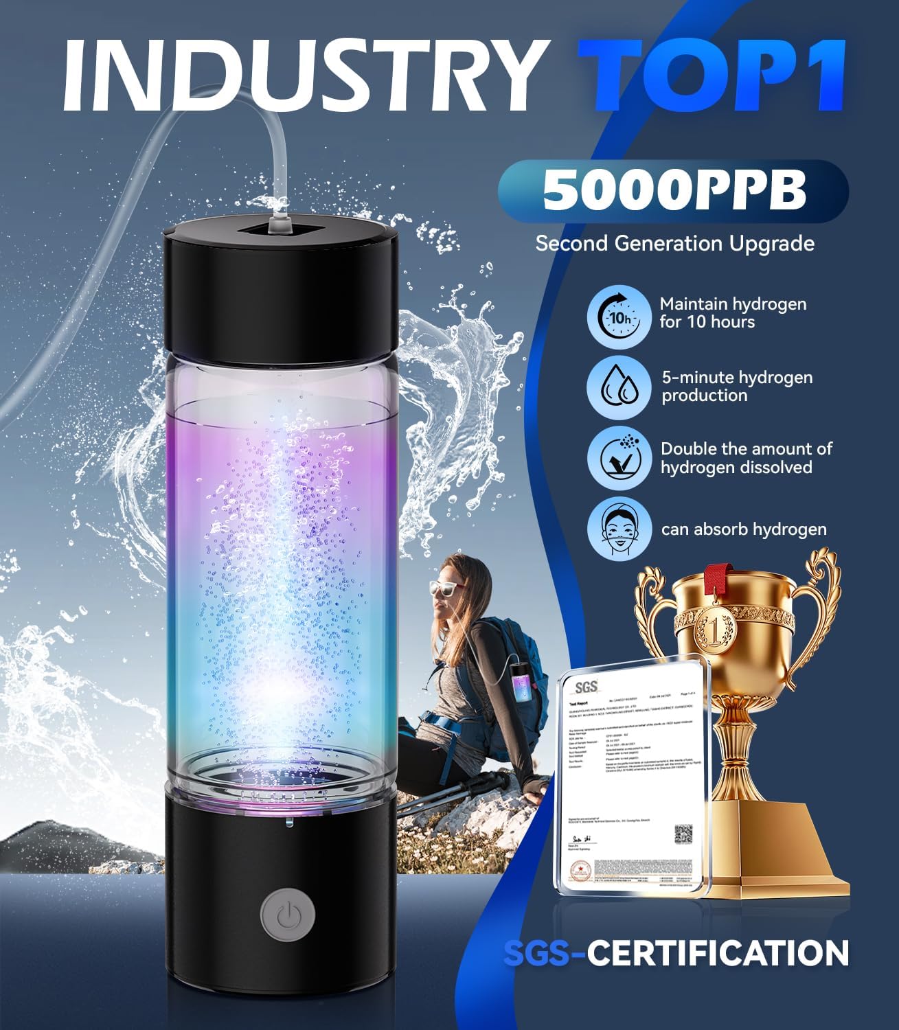 4.0 Upgrade Hydrogen Water Bottle & Hydrogen Absorption 【SGS Certification - 5000PPB】 Hydrogen Water Bottle 【NO.1-100% Odorless】 2025 SPE PEM Technique, Double Hydrogen Content