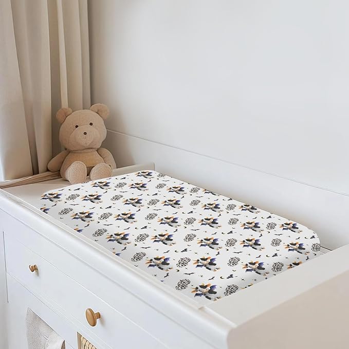 Halloween Cow Bats Pumpkins Baby Changing Pad Covers for Boy Girl Cute Cows Moon Stars Fitted Change Table Pad Covers Mats Spooky Farm Animal Soft Diaper Change Table Cover Sheets 32''×16''