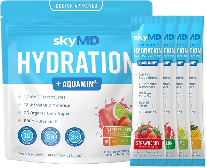 SkyMD Hydration packets with electrolytes powder- Add to water or any liquid- Hydration Multiplier Variety Pack: Lemon Lim...