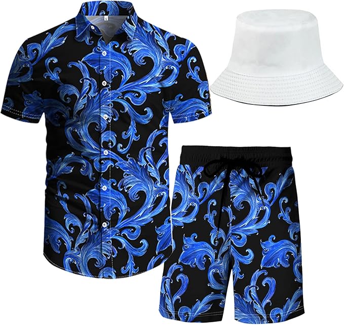 RPOVIG Beach Outfit Matching Shirts Shorts Men's Hawaiian Festival Floral Clothes 2 piece Sets with Bucket Hat