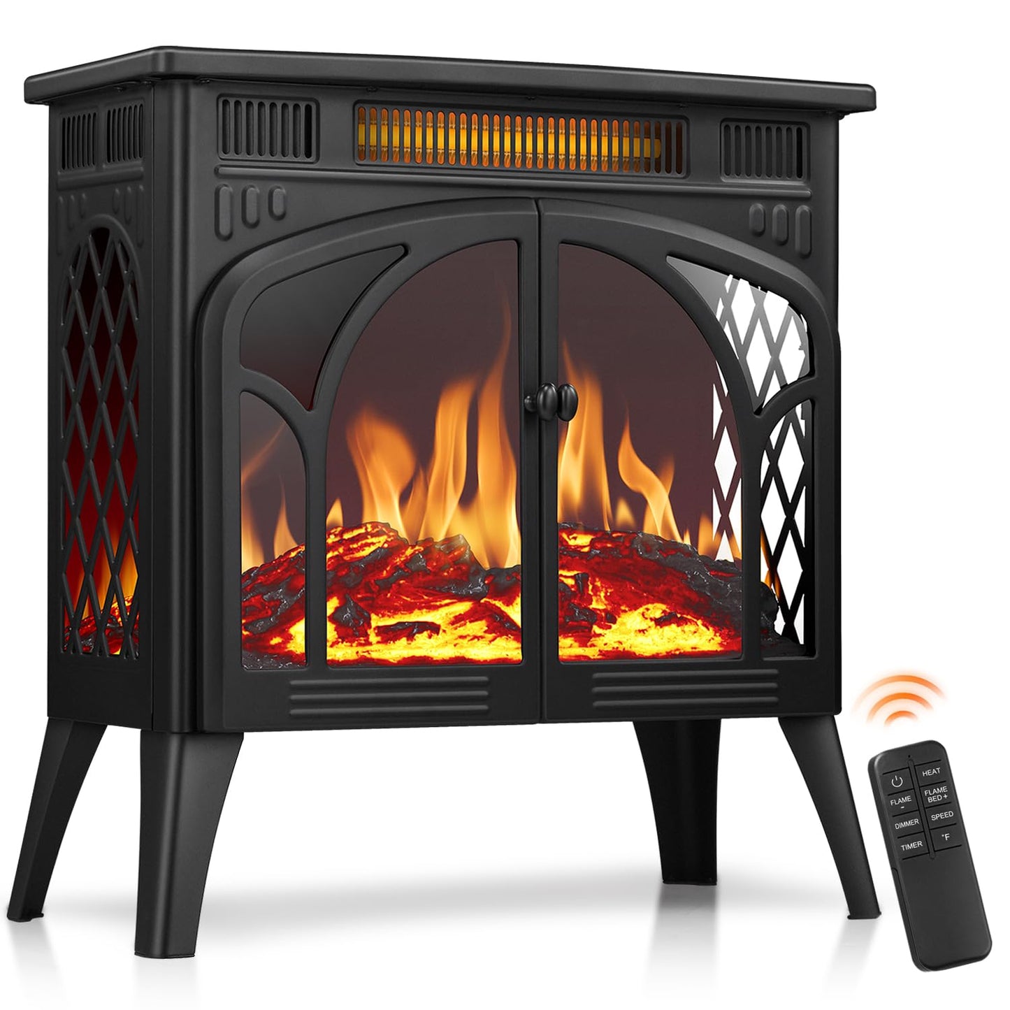 R.W.Flame Electric Fireplace Heater 25 With Remote Control, Cathedral Stylish, Different Flame Effects And Log Set Colors, Adjus