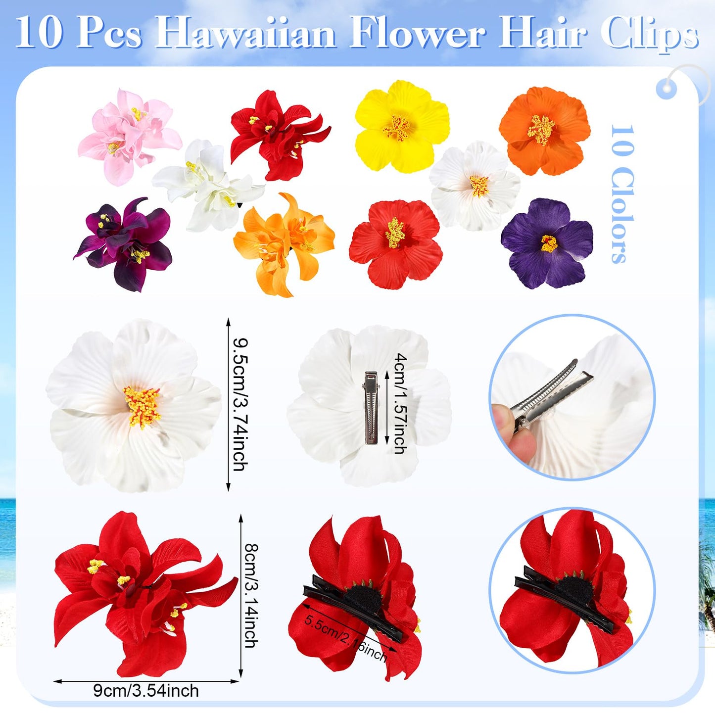 10 Pcs Hawaiian Flower Hair Clips for Women, Plumeria Hibiscus Hair Clips, Artificial Flower Clips 3.5 Inch Hair Accessories for