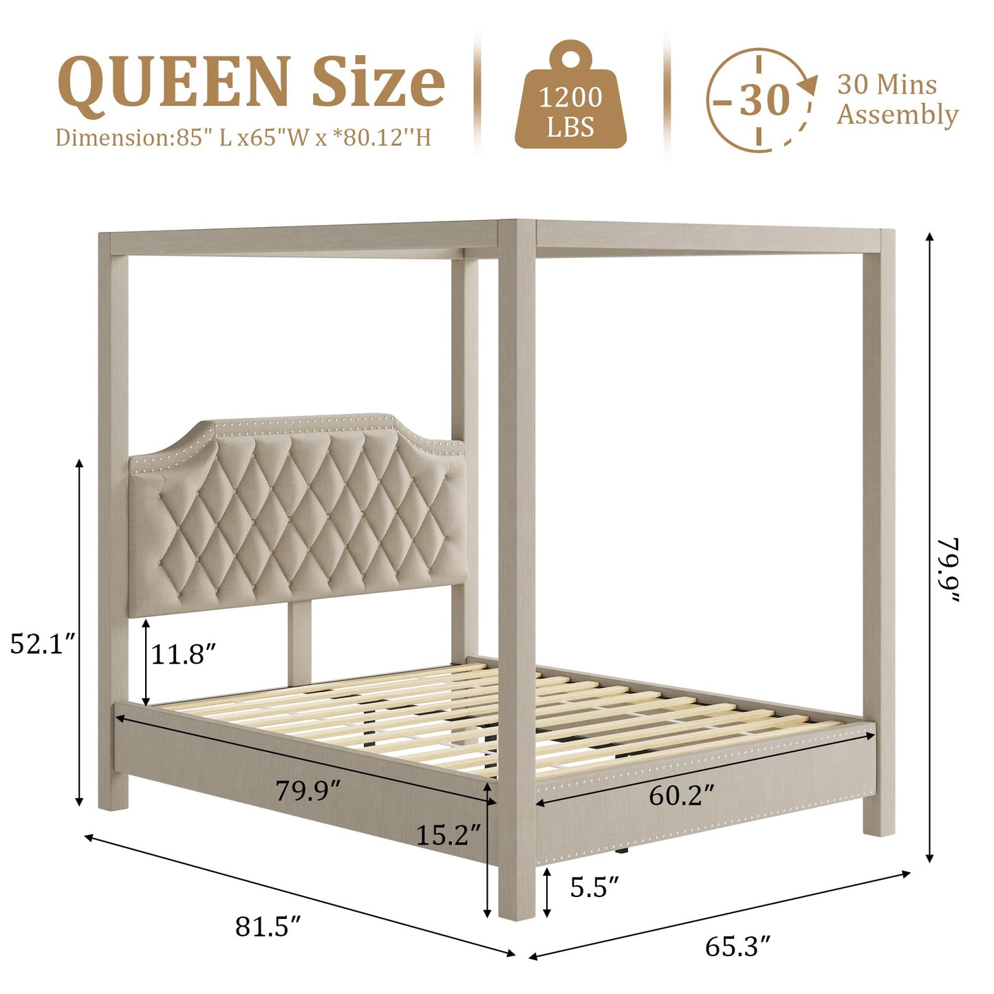 GAOMON Queen Canopy Bed Frame with Upholstered Headboard, Four Poster Design, Button Tufted, and Slide Rail, No Box Spring Required, Wooden Slatted Structure, Beige