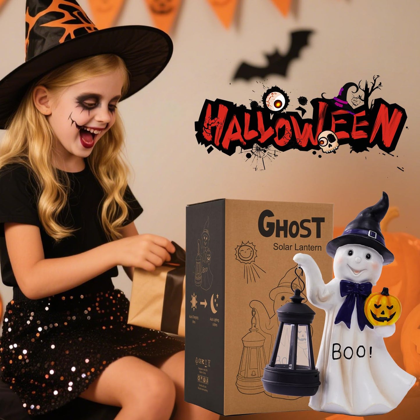 Fashionoda Halloween Ghost Solar Statue - White Resin Outdoor Decor for Garden, Patio, Balcony - Model LD602559