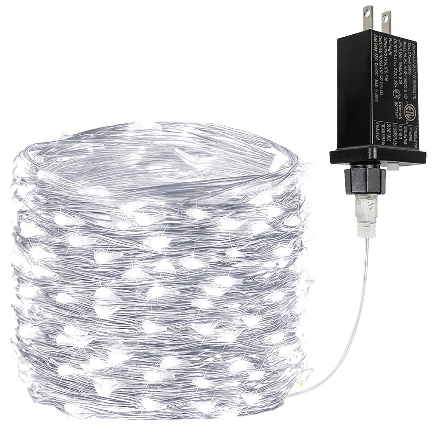BHCLIGHT 33Ft 100LED Fairy Lights, Waterproof String Lights, 8 Modes with Timer, Cool White, Model MLS-D4.5V1.35WUC-O