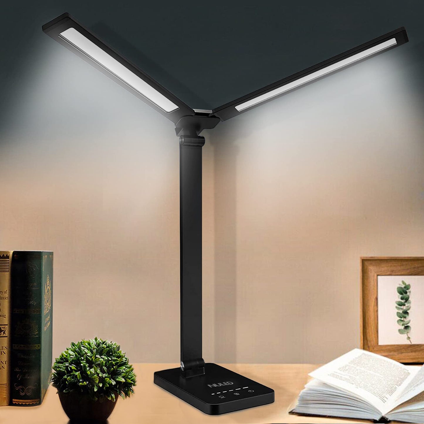 NUNET LED Desk Lamp, Rotatable Aluminum, USB Charging Port, Glossy Black, Model NULED-MSL2black