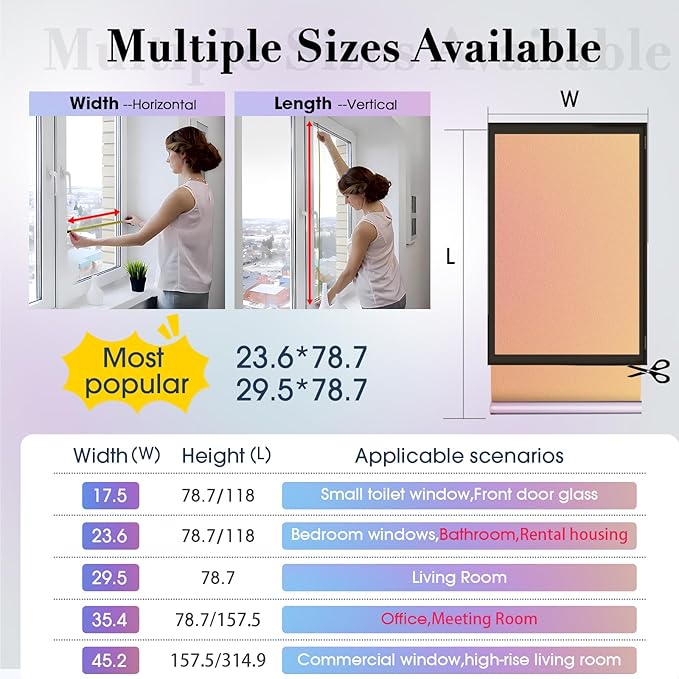 Coavas Stained Glass Window Privacy Film Rainbow Frosted Decorative Static Clings, Opaque Iridescent Prism Window Decals, Sun Blocking Anti-Glare Door Coverings(17.5 x 118.1 Inch, Colorful)