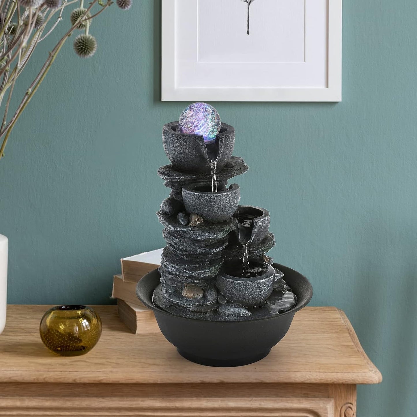Dyna-Living Tabletop Water Fountain Indoor Waterfalls Fountains with Colored LED Light Decorative Tabletop Fountain with Automatic Pump
