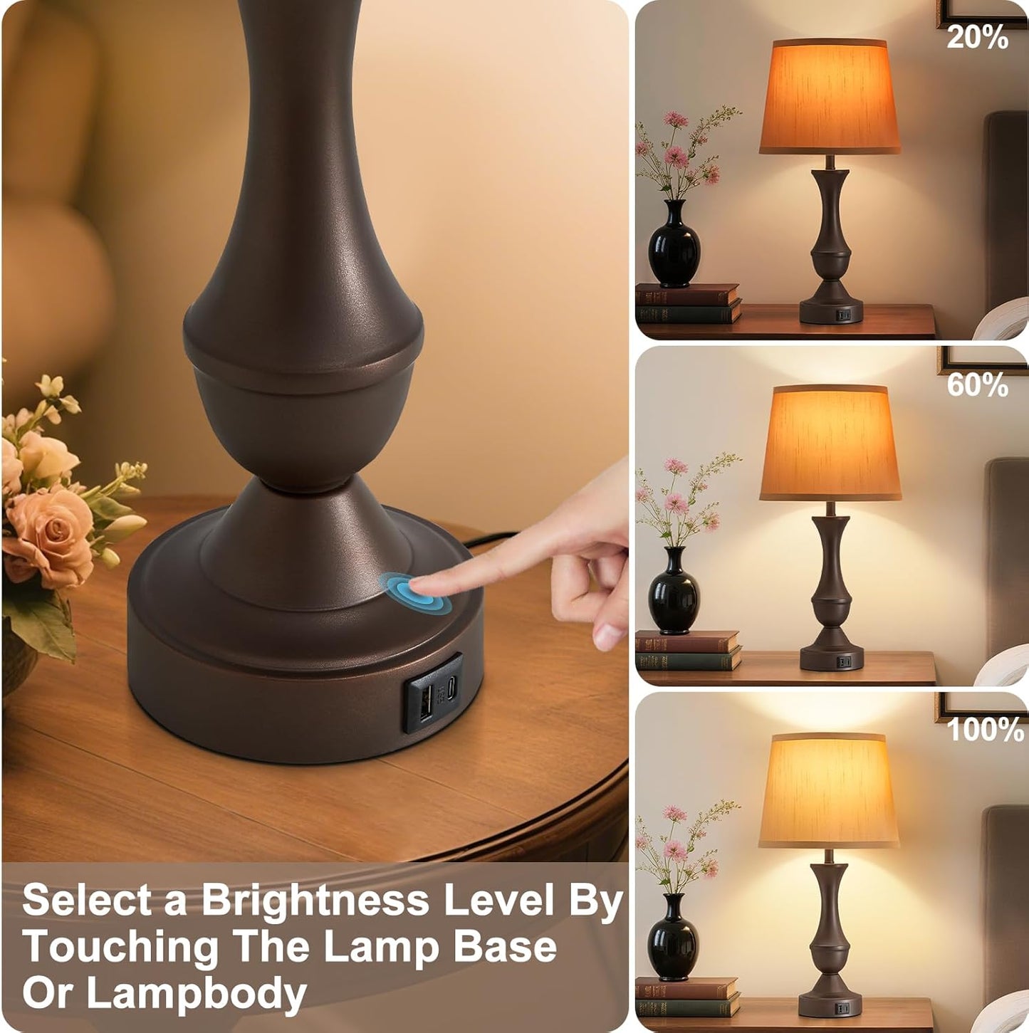 Luvkczc 22" Table Lamp Set of 2 - Farmhouse Vintage Brown Bedside Lamp with Brown Fabric Shade, 3-Way Dimmable, USB C+A Ports, Nightstand Lamp for Living Room Bedroom (Bulb Included)
