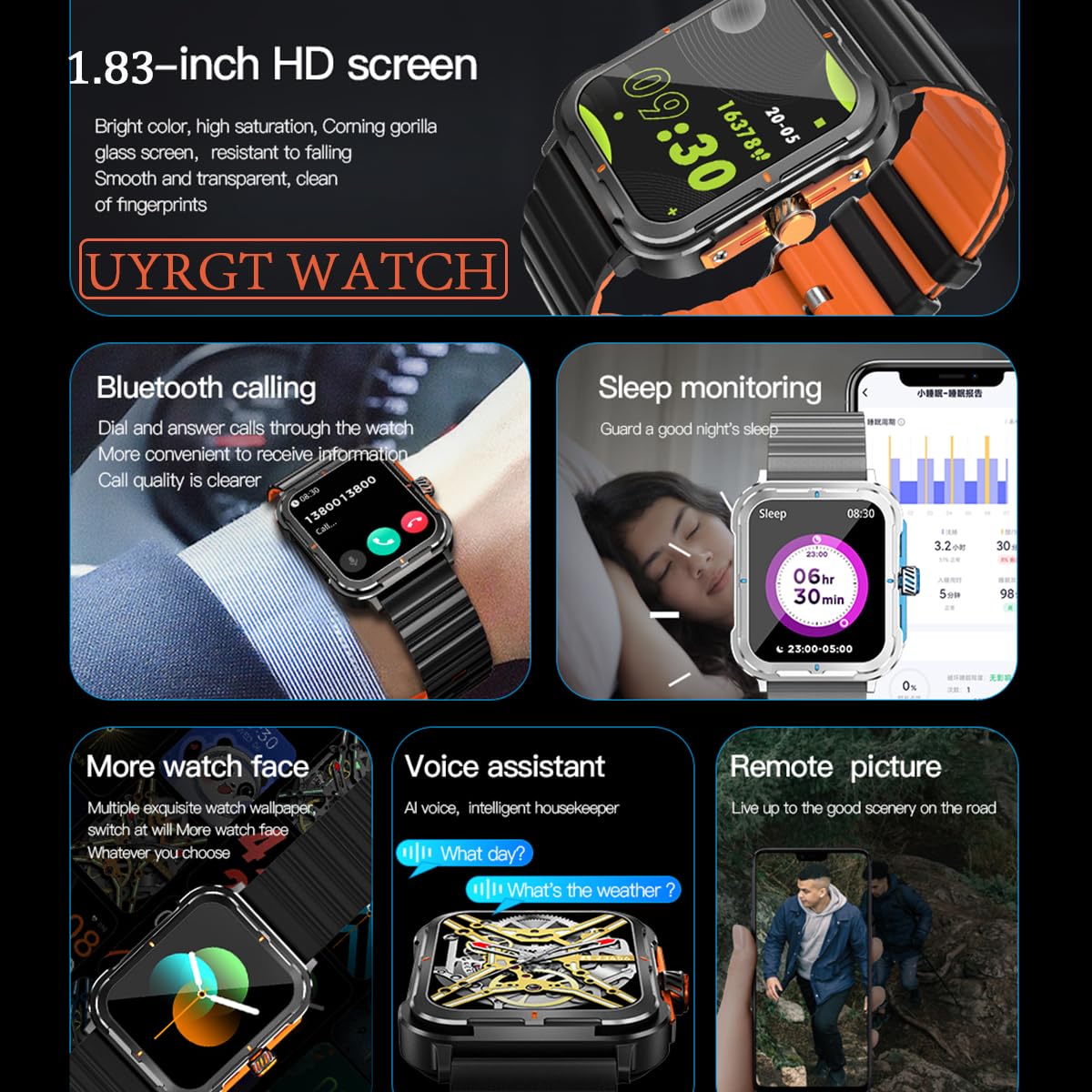 Uyrgt Sports&Rugged Smartwatch For Men Women,Cnc Aluminum Alloy Frame,1.83    Full Touch Display,Bluetooth Call,Fitness Tracker