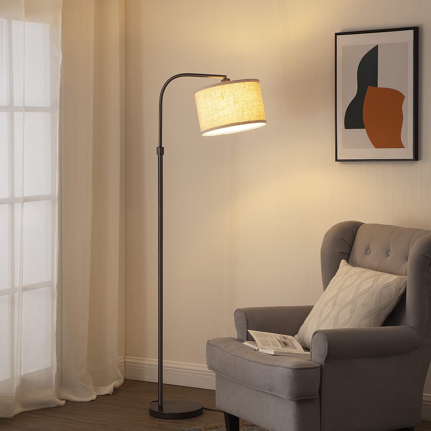 EDISHINE Arched Floor Lamp, Adjustable Linen Shade, Metal, Bronze, Model HOFL04G, Minimalist Design for Living Room, Bedroom, Office