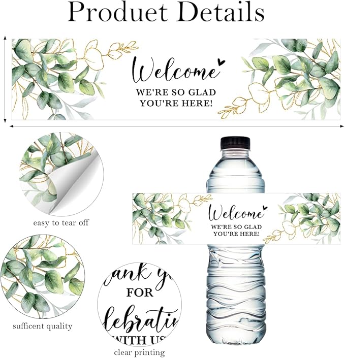 100PCS Wedding Water Bottle Labels Waterproof Greenery Floral Wraps Sticker for Water Bottle Baby Shower Bottle Label for Bridal Shower Party Welcome (Eucalyptus)