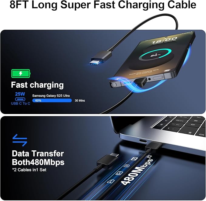 Super Fast Charger Type C, 25W USB C Wall Charger Fast Charging for Samsung Galaxy S25 Ultra/S25/S25+/S24+/S24 Ultra/S24/S24+/S23 Ultra/S22 Ultra/S21 Ultra with 8FT Long Type C Charger Cable 2Pack