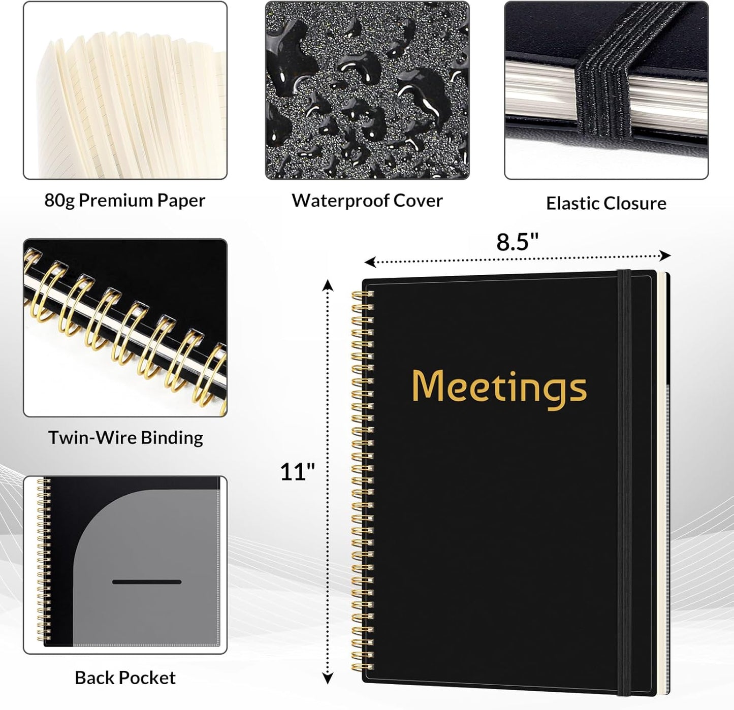 SUNEE Half Meeting Half Note 8.5"x11" Notebook for Work – 140 Pages, A4 Size Project Planner for Women&Men, Minutes Organizer for Meeting Notes, Ideas for Office/Business, PVC Waterproof Cover, Black