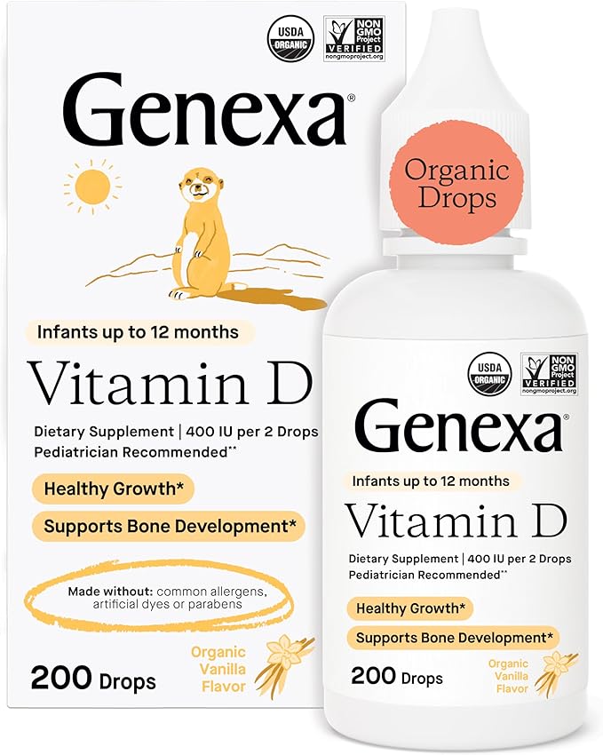 Genexa Infants Vitamin D Liquid Drops for Newborn, Baby & Toddler | Supports Growth & Bone Development | Delicious Organic Vanilla Flavor | Certified Organic, Gluten Free, & Non-GMO | 90 Servings