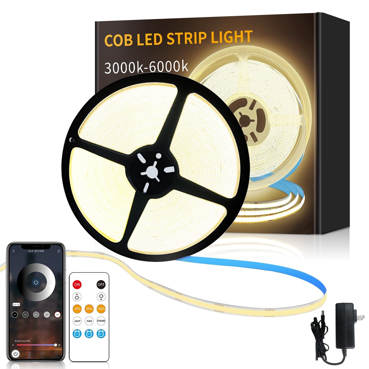 Yeewhale 32.8ft COB LED Strip Lights 3000K Warm White Dimmable DC 24V Flexible LED Tape Light for Bedroom, with Remote and app Control LED Light Strip,for DIY Home Decoration