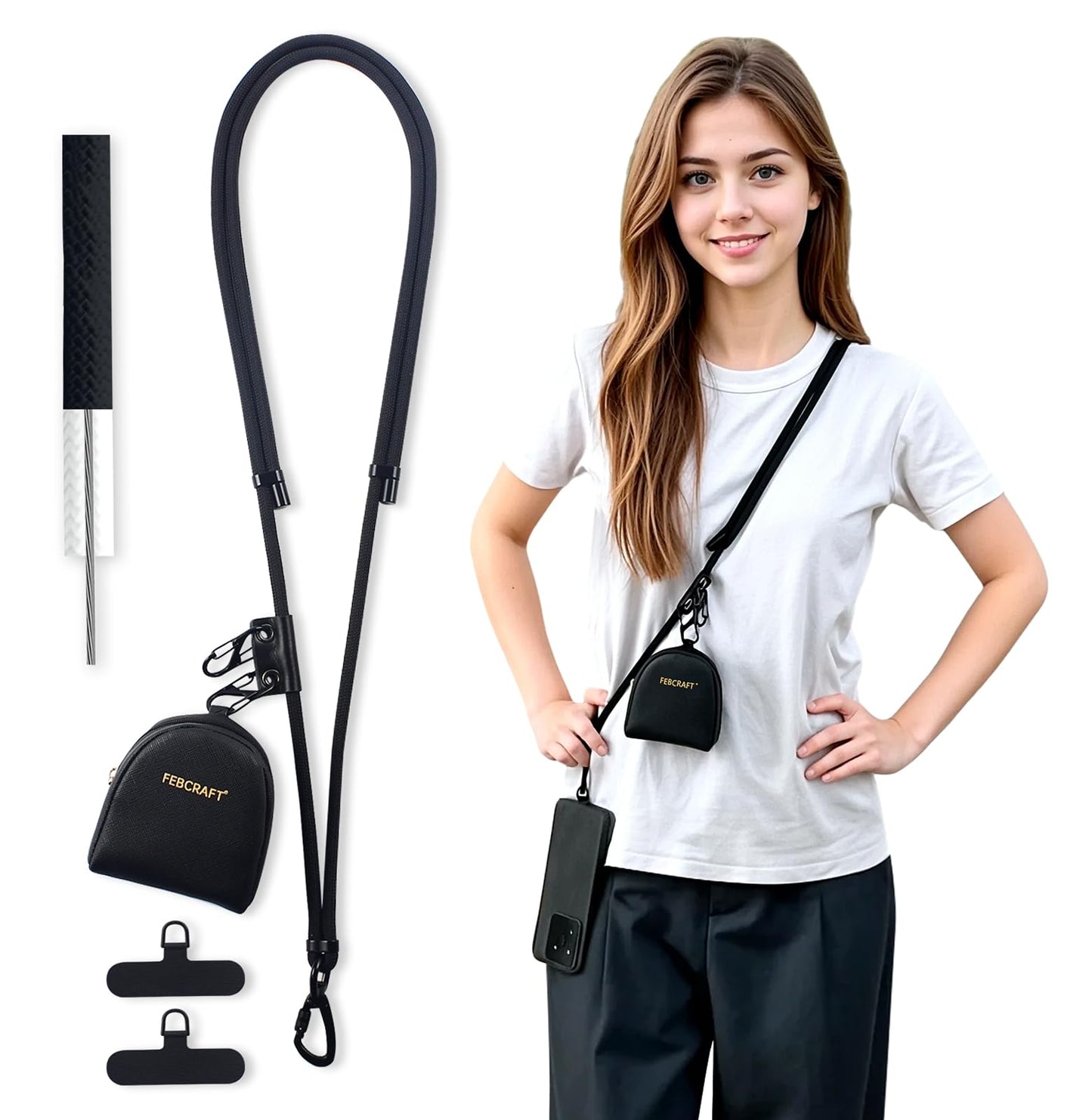 Febcraft Phone Lanyard,Anti Theft Phone Strap,With Steel Wire & Lock,Clip And Go Strap For Phone With Wallet Crossbody,Travel Es