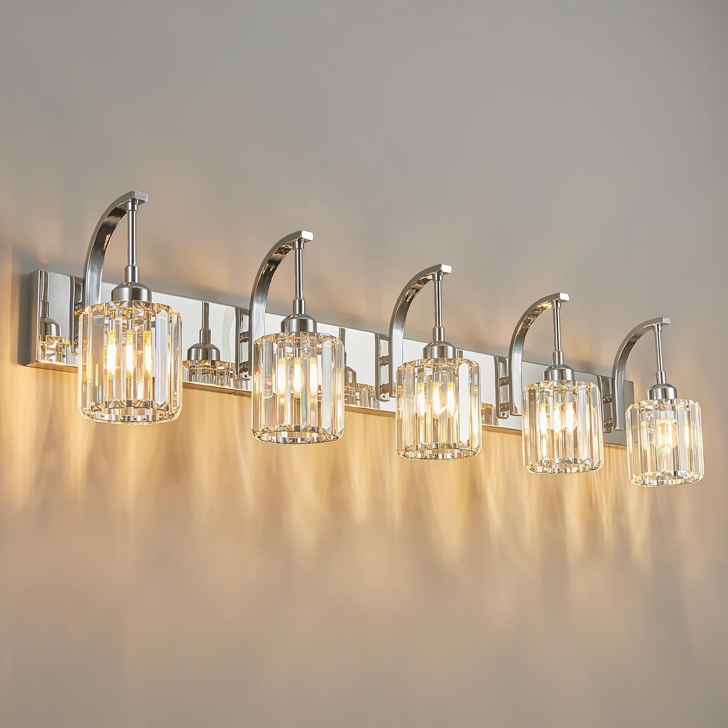 Fdpby 5-Light Crystal Vanity Light  Modern Chrome Bathroom Wall Sconce With K9 Crystal Shades  42.51 Long Over Mirror Lighting For Vanity  Makeup  Hallway  Elegant & Easy Installation