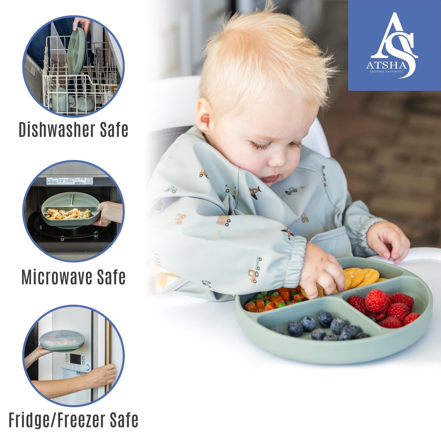 Silicone Baby Feeding Set - 19 Pcs Baby Led Weaning Supplies, Suction Plate and Bowl, Sippy Cup, 3 Set of Forks, Fruit Tetther, Tiny Brush, and Long Sleeved Bib