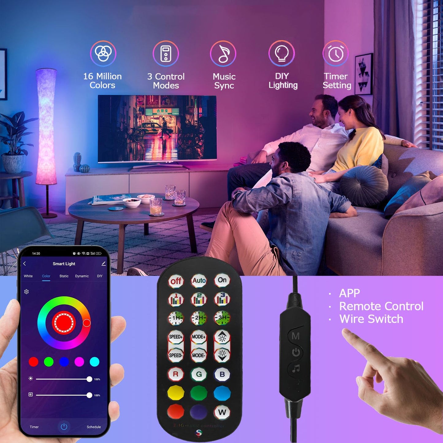 AKT LIGHTING 59in  Smart LED Floor Lamp, RGB Color Changing, Music Sync, Remote Control, Model LDD002