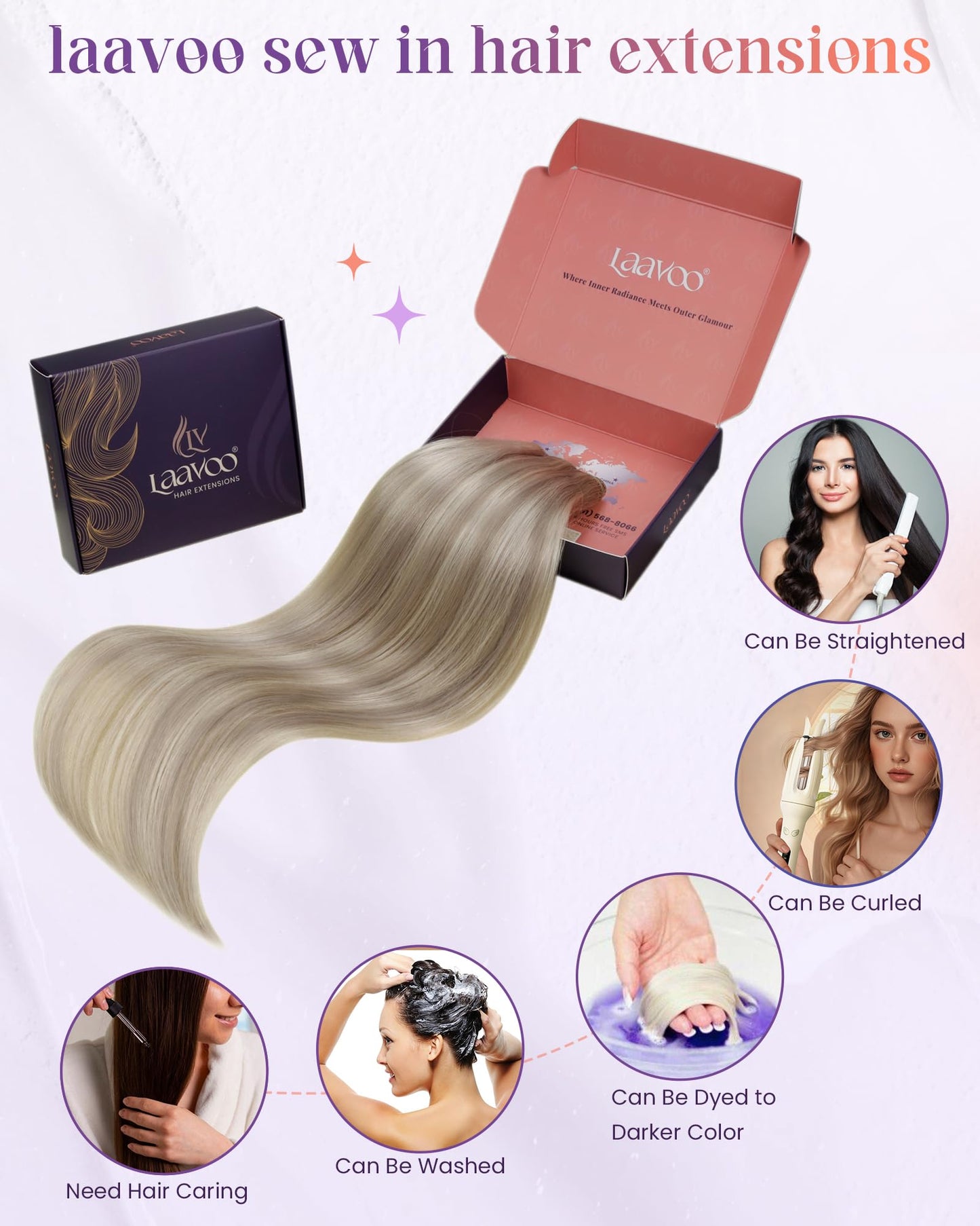 LaaVoo Sew in Hair Extensions Real Human Hair Weft Blonde Hair Extensions Weft Ash Blonde Highlighted with Bleach Blonde Hair We