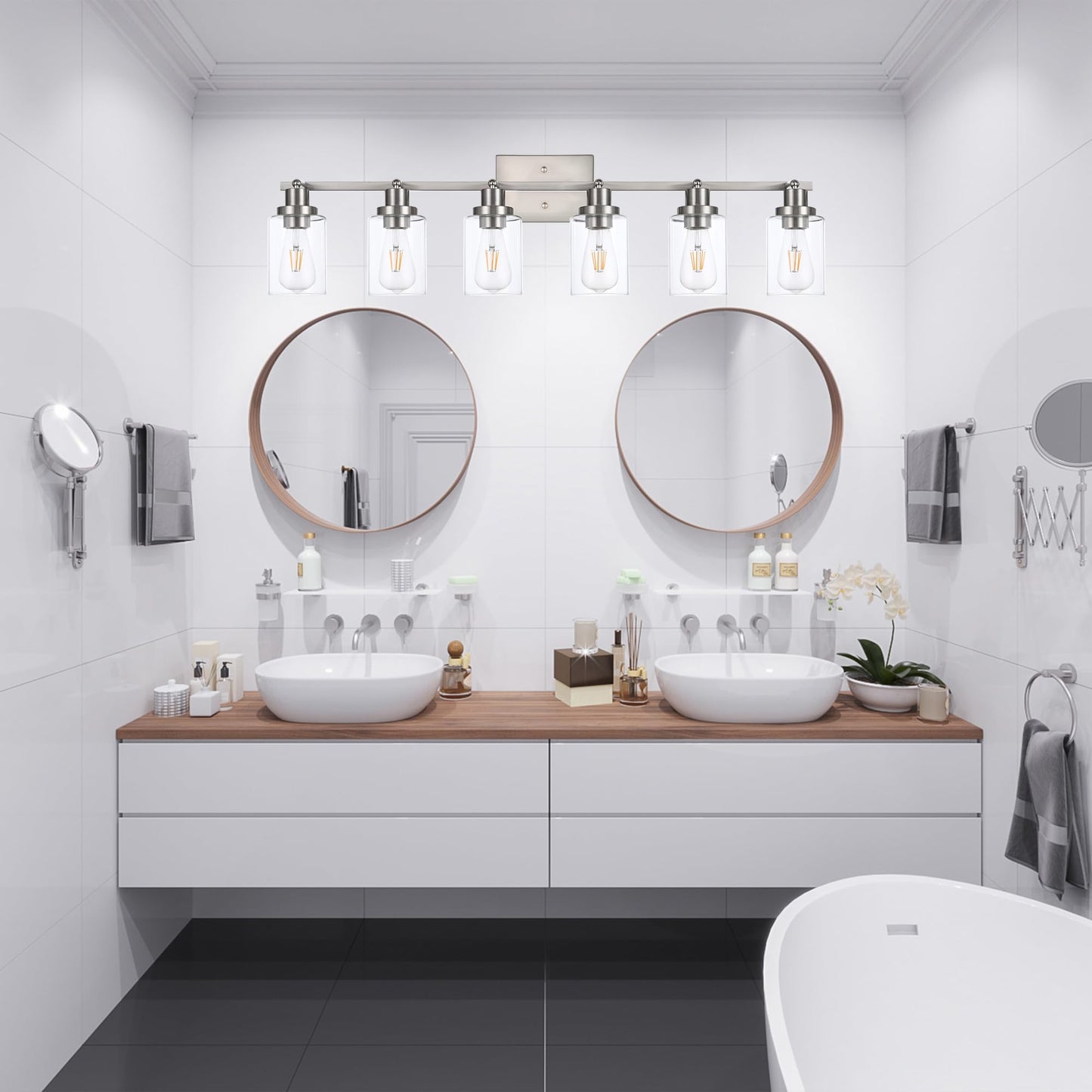 Wanluce 6 Light Track Lighting Kit Brushed Nickel Kitchen Track Lighting Fixtures Ceiling Mount Bathroom Vanity Wall Scones Light Fixture With Clear Glass  Rotatable Spotlight For Kitchen Shop Hallway