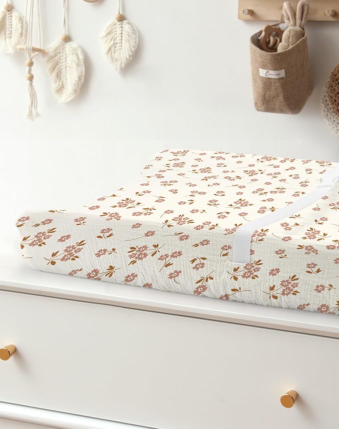 Changing Pad Cover for Baby Boy Girl 2 Pack, Muslin Changing Table Pad Covers with Boho Style, Neutral Nursery Bedding Essentials Soft and Breathable (Floral & Pink)