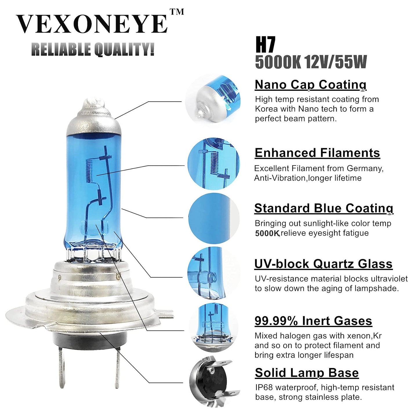 Vexoneye H7 Halogen Headlight Bulb 12V 55W 5000K Super Bright Fog Light - Model H7606C1