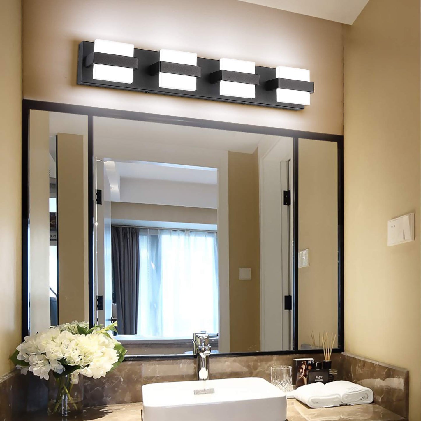 SOLFART Modern 4 Light Vanity Lighting Fixtures, Acrylic Shade, Matt Black, Model 7248-4T-WHL-BK-ND, Non-Dimmable, Bathroom Wall Lights