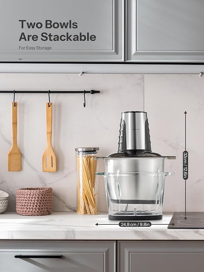 Food Processors with 2 Large Bowls(12 Cup+12 Cup), Reemix Electric Chopper with Powerful 500W Copper Motor, 4 Bi-Level Blades for Fruits, Meat, Vegetables, Baby Food, Nuts, 2 Speeds