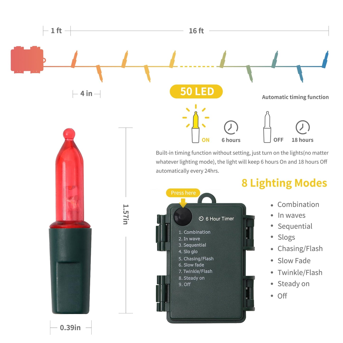 WATERGLIDE 50LED Outdoor Christmas Lights, 16FT Battery Operated, 8 Modes, Waterproof, Multicolor