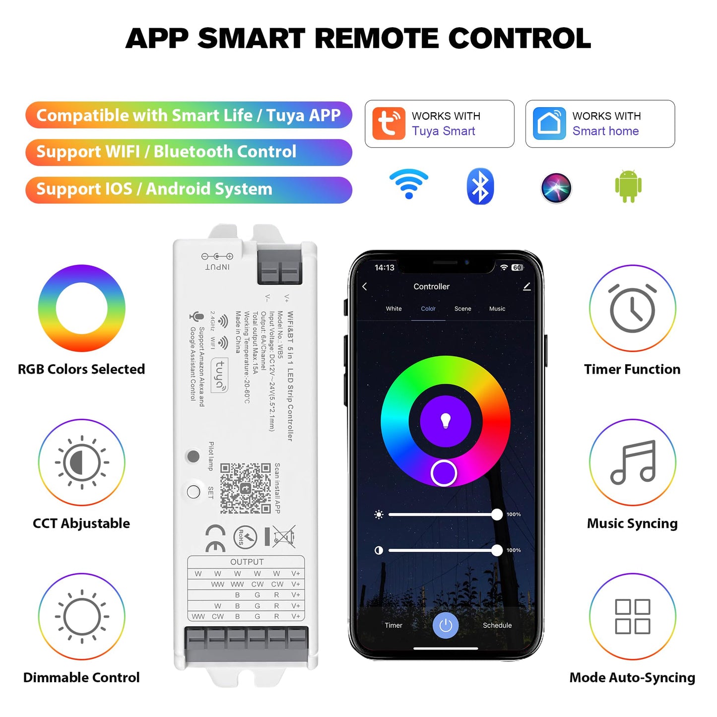 XXK LED Controller Kit with RF Remote Control, 12V/24V, 4-Zone Group, Compatible with Alexa/Google Home, WB5, Black