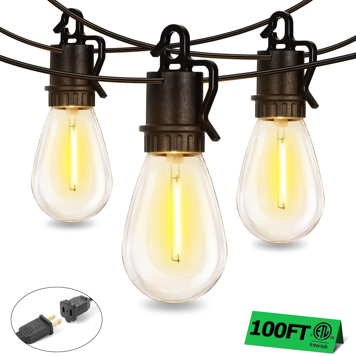 TDLOL Outdoor String Lights, 100FT with 52 Shatterproof S14 Vintage Bulbs, Dimmable, IP55 Waterproof, GYPC-O50LAU
