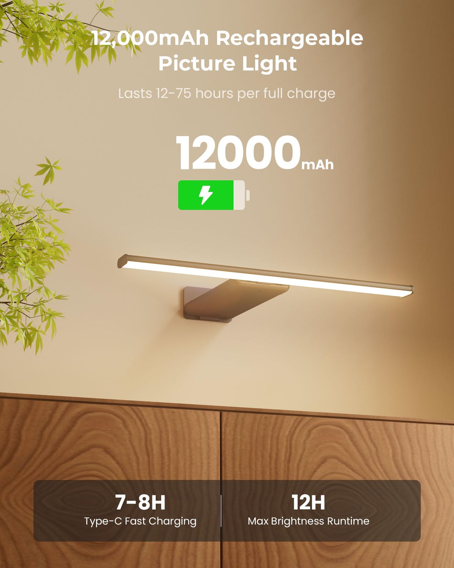 2 Pack Picture Light for Wall Rechargeable Art Light with Remote, 3 Colors & 5 Brightness Levels, 12000mAh Battery Operated Lights for Pictures,Painting,Gallery, Bedroom, Hallway, Frame, Living Room