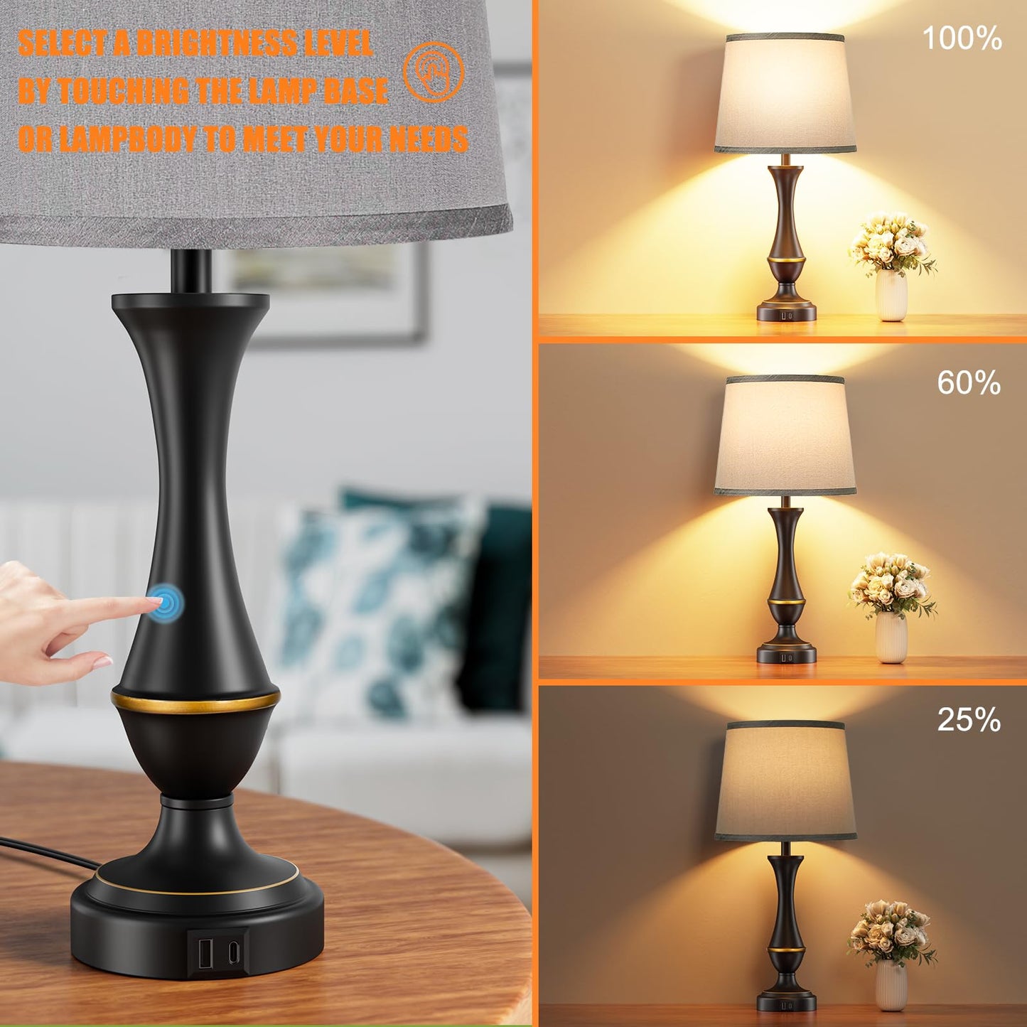 Seealle Touch Lamps Set Of 2 - 3-Way Dimmable Metal Nightstand Lamps With Usb, Grey Shade & Black Base For Bedroom And Living Room