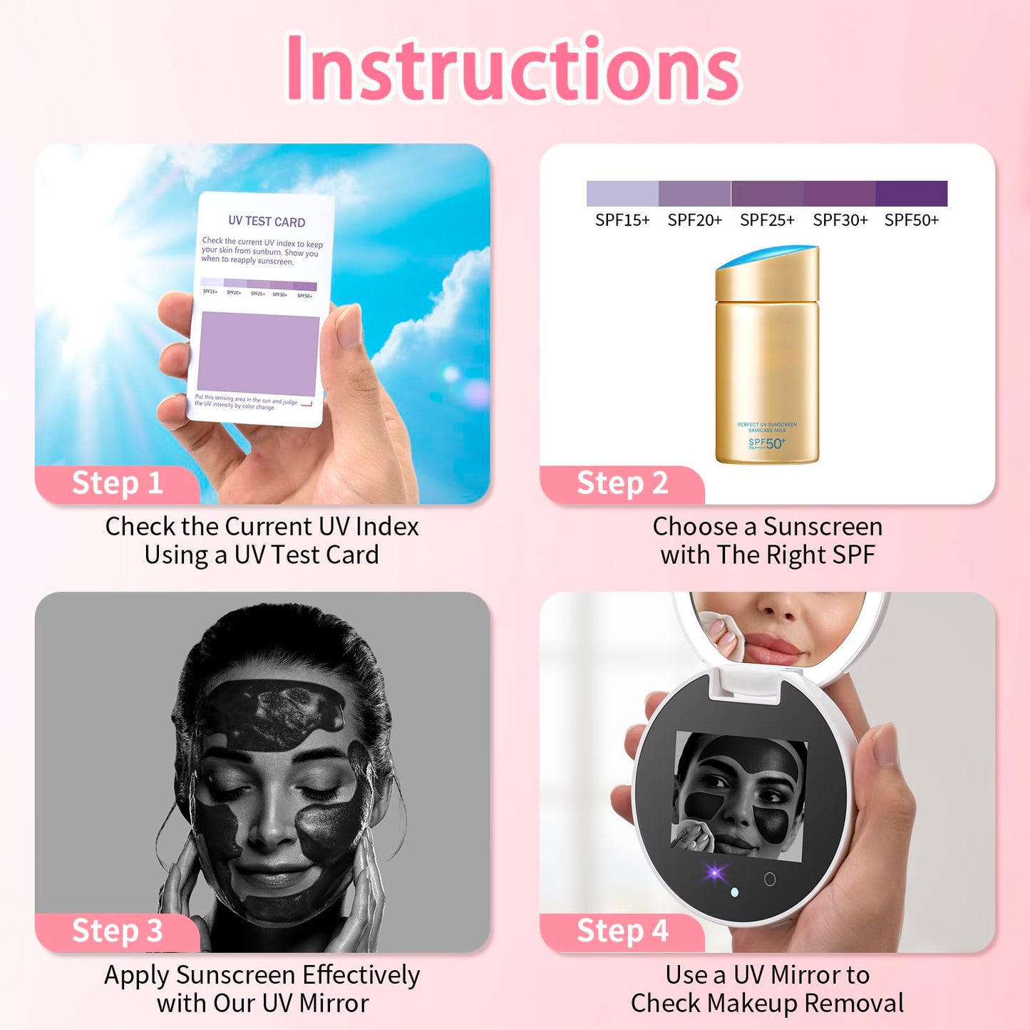 DESCHEN Rechargeable Travel Compact Smart UV Camera UV Mirror for Sunscreen Test, 2X Makeup Mirror with Lights and Magnification