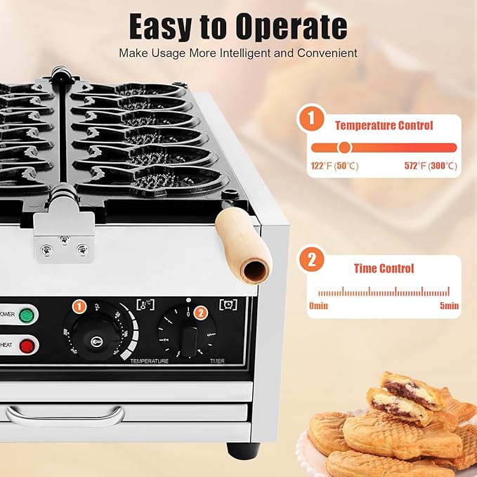 Bepritm Taiyaki Fish Waffle Maker, 2400W Stainless Steel Nonstick Mini Taiyaki Maker with Smart Control, Electric Fish-shaped Waffle Makers for Restaurant Snack Bar Sidewalk Vendors