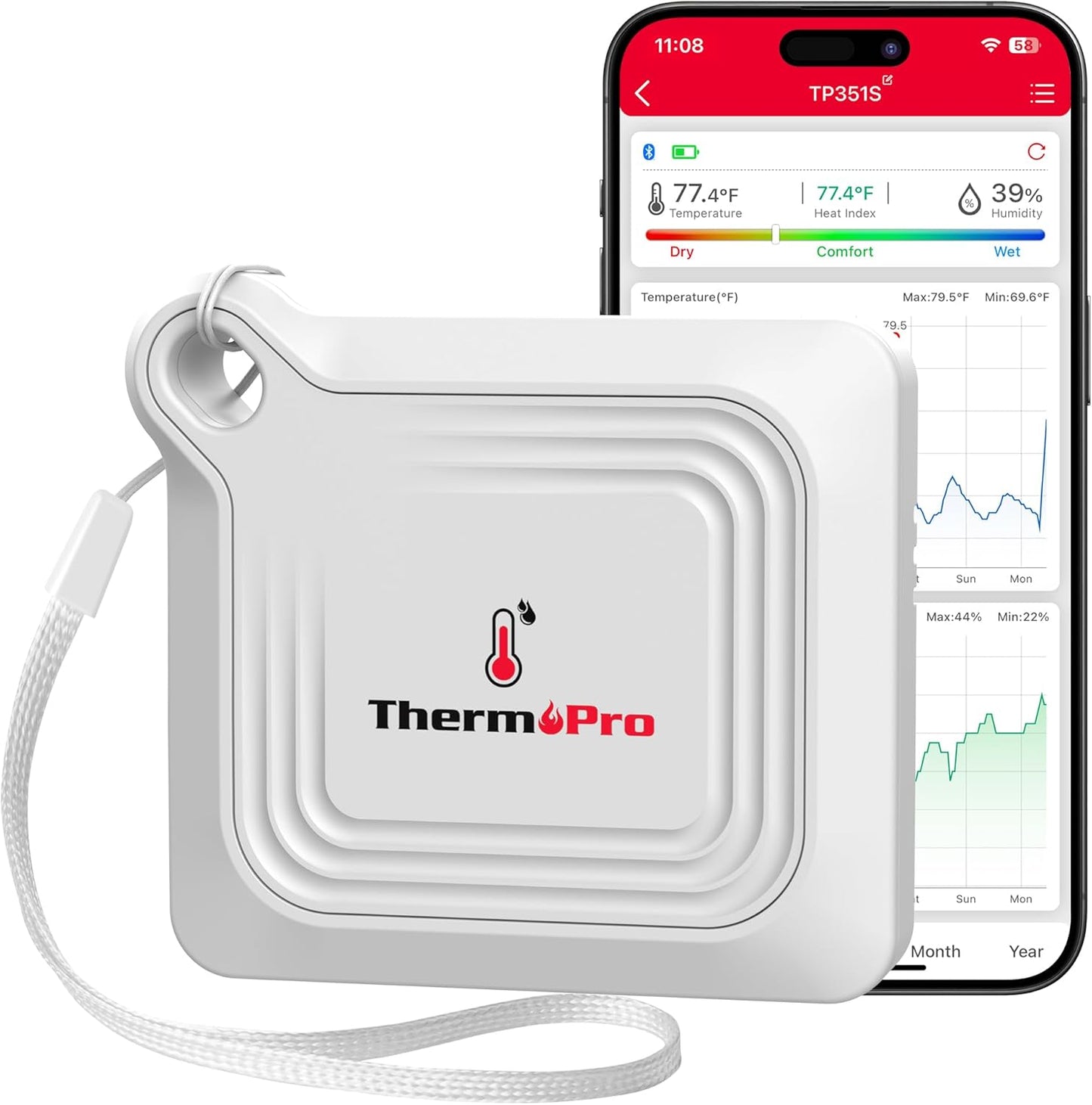 ThermoPro Bluetooth Thermometer Hygrometer, 260FT Range Temperature Sensor Greenhouse Thermometer, Remote App Control Temperature and Humidity Monitor with 2-Year Data Logging Export (TP351)